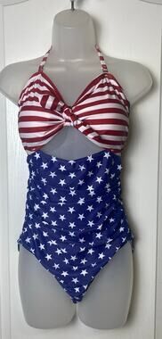 TEMPT ME USA FLAG HALTER TIE FRONT KNOT BOW MONOKINI Size Medium NWT